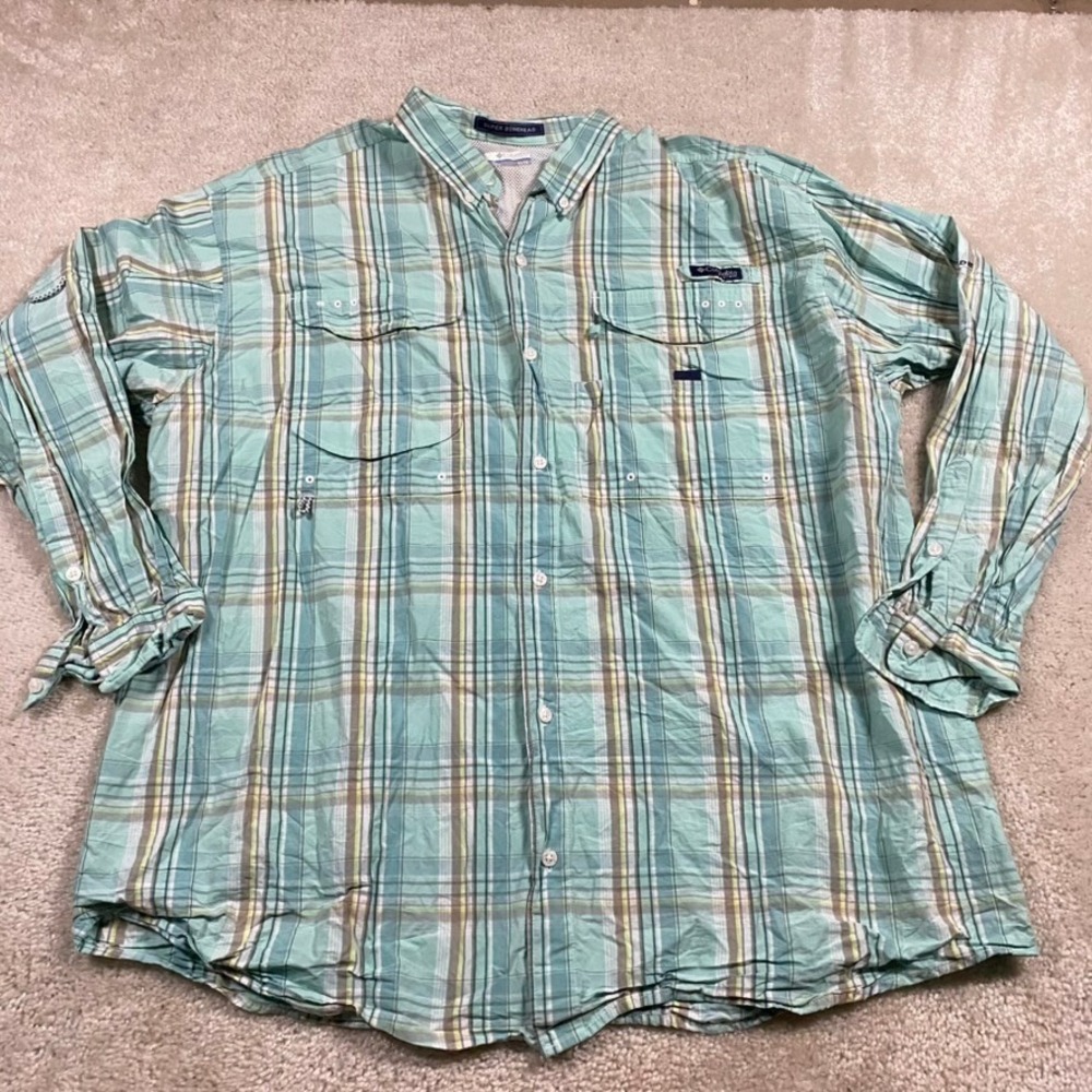 Columbia PFG Super Bonehead Shirt Mens XL Teal Plaid Long Sleeve Vent Fishing